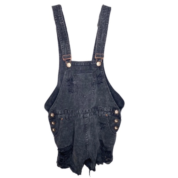 One Teaspoon Le Hawk Superfreaks Denim Overall Shorts size 25 Black distressed - Picture 5 of 16